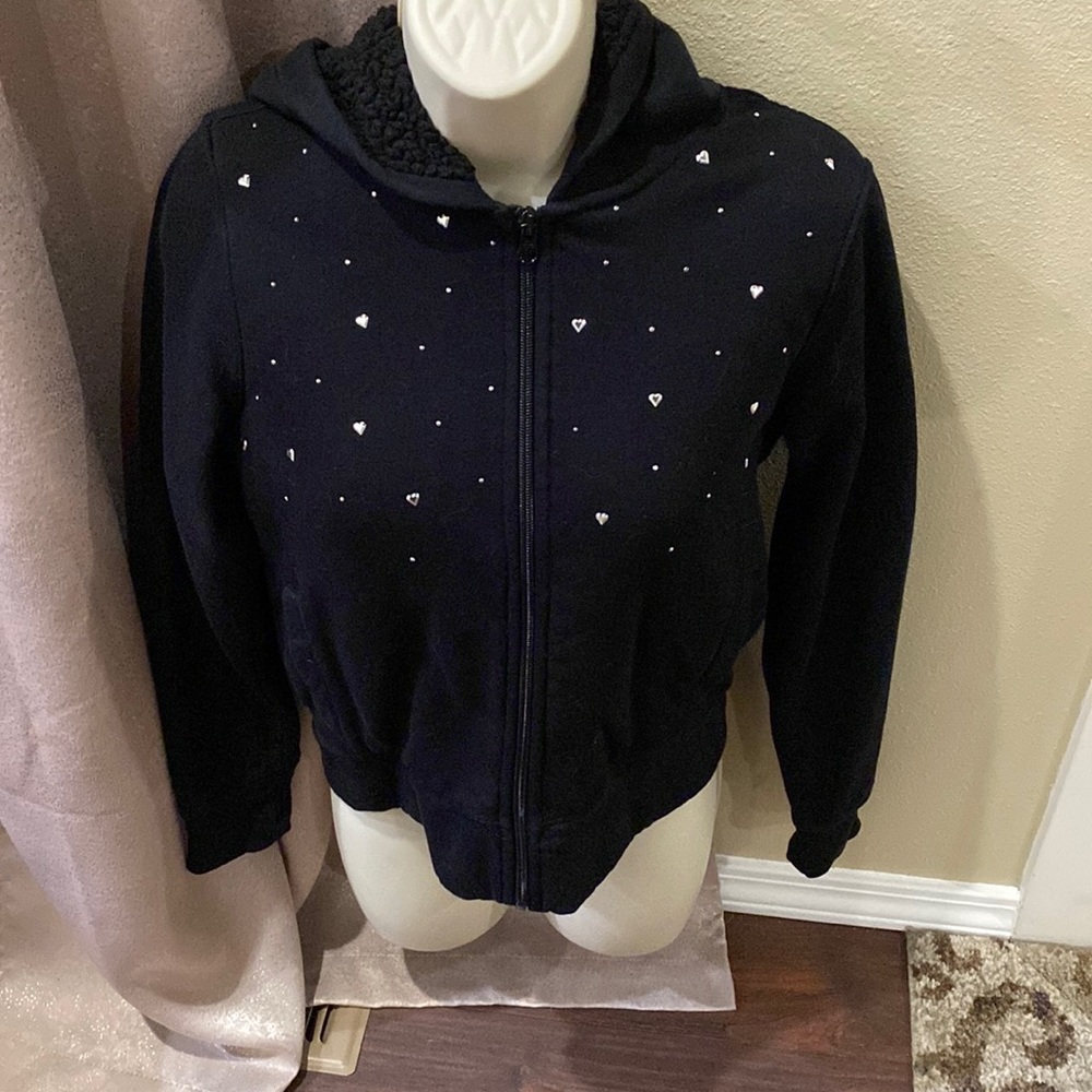 Old Navy brand fleece lined zip up hoodie with gems on the front. Girls size XL